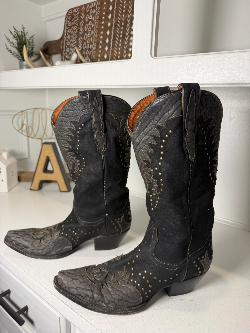 Dan Post Womens 9 Black Leather Studded Floral Cowboy Boots Distressed Western